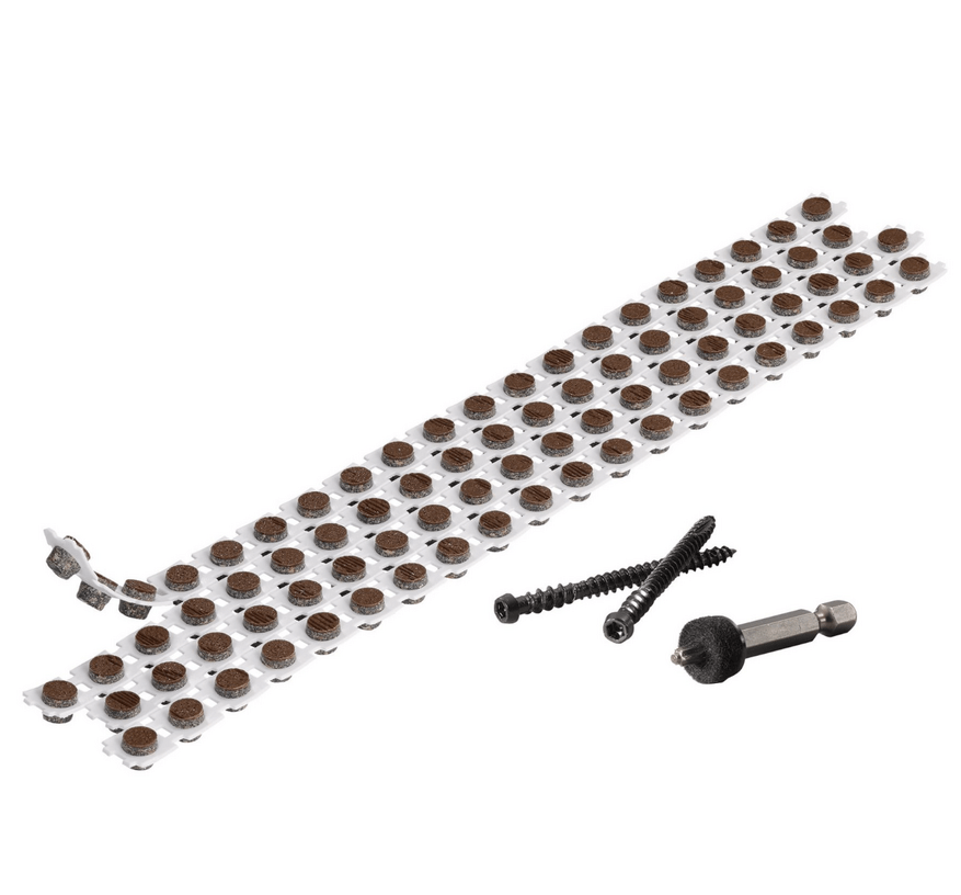 The Cortex plug collated strip system lies next to two screws and a fastener.