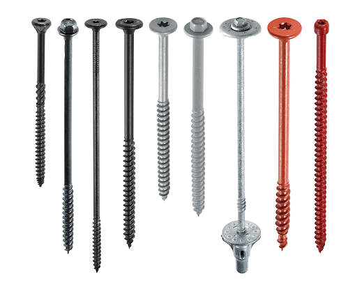 A selection of fastening screws in different sizes and colors are pictured against a white background.