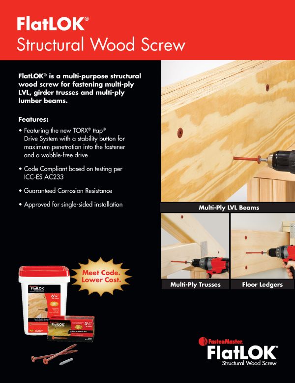 FlatLOK® Screws for Multiply LVL & Lumber Beams,… FastenMaster